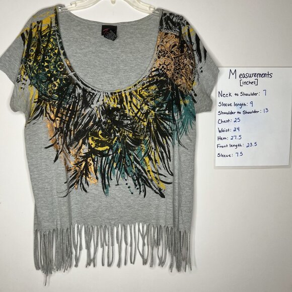 Torrid Plus Size Feather Print Fringe detail Grey Shirt Size Large/12 - Picture 2 of 8